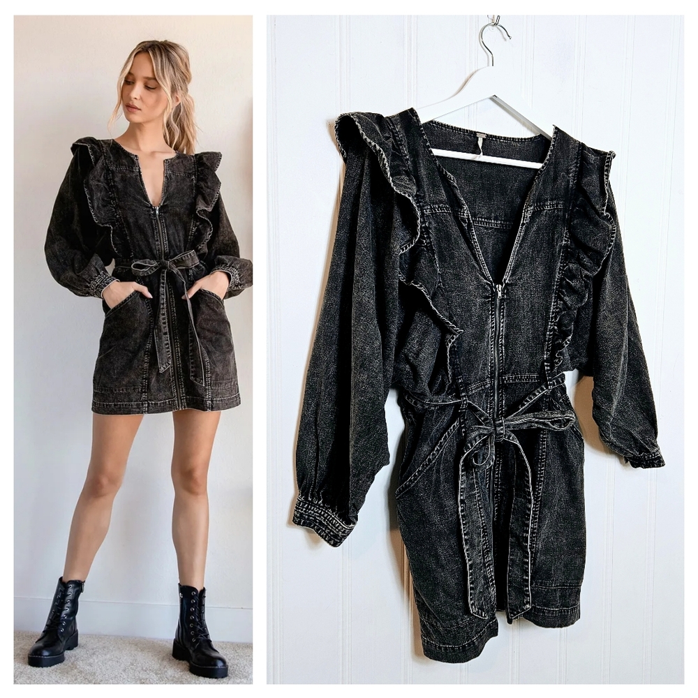 Free People Denim Mini Dress XS Imogene Washed Black Boho Zip Front